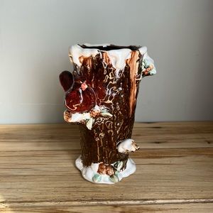 Cardinal on tree ceramic vase with snow accents
